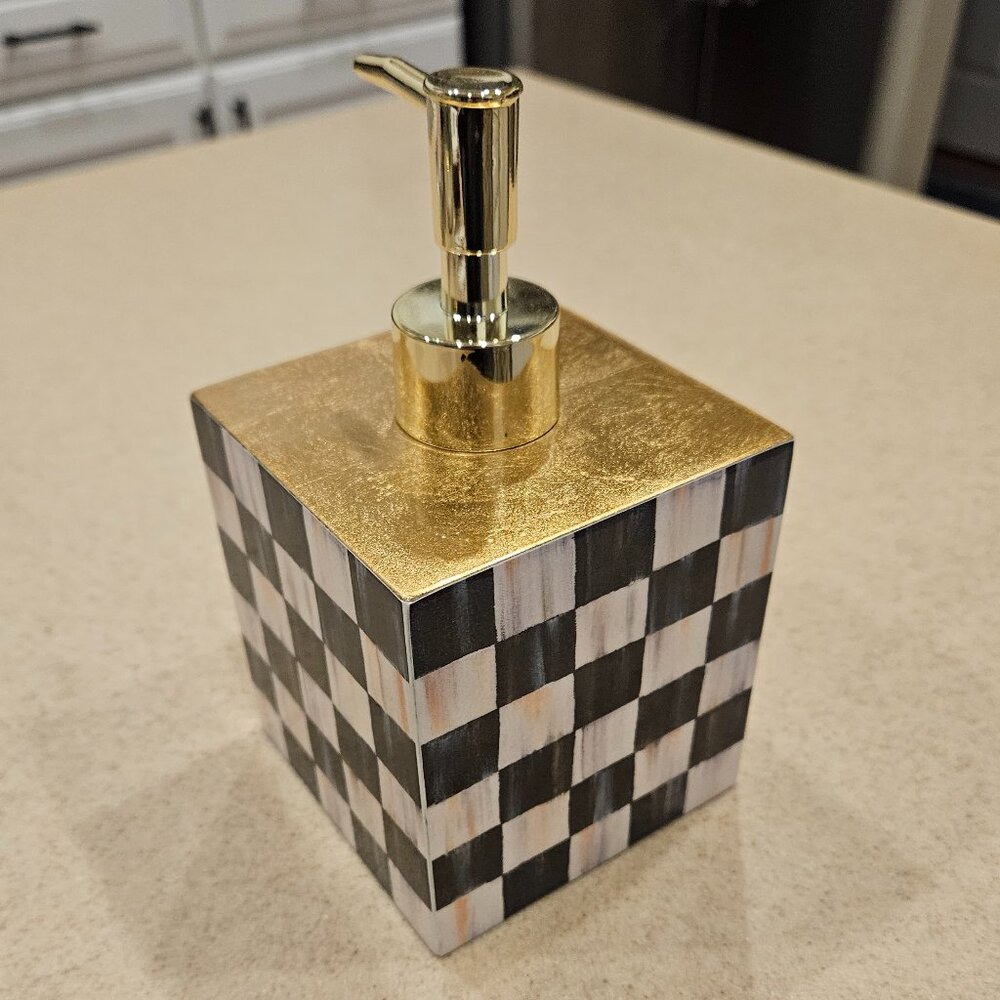 RARE MACKENZIE CHILDS COURTLY CHECK BATH KITCHEN SOAP LOTION DISPENSER PUMP JAR - Picture 3 of 8